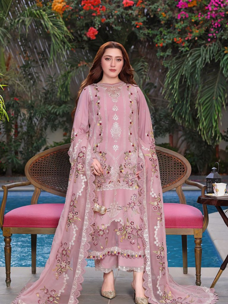 Dhanak-3PC Embroidered Shirt with Khadi Net Embroidered Dupatta - 6436